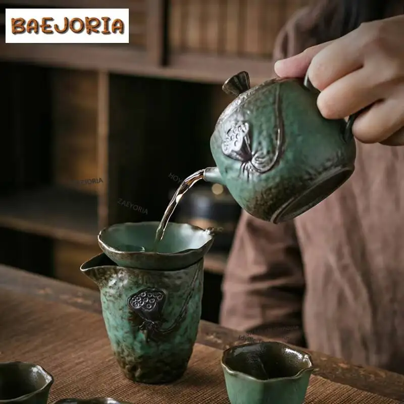 225ml Kiln Change Green Coarse Pottery Teapot Retro Tea Infuser Pot Tea Making Kettle With Strainer Tea Ceremony Supplies Gifts