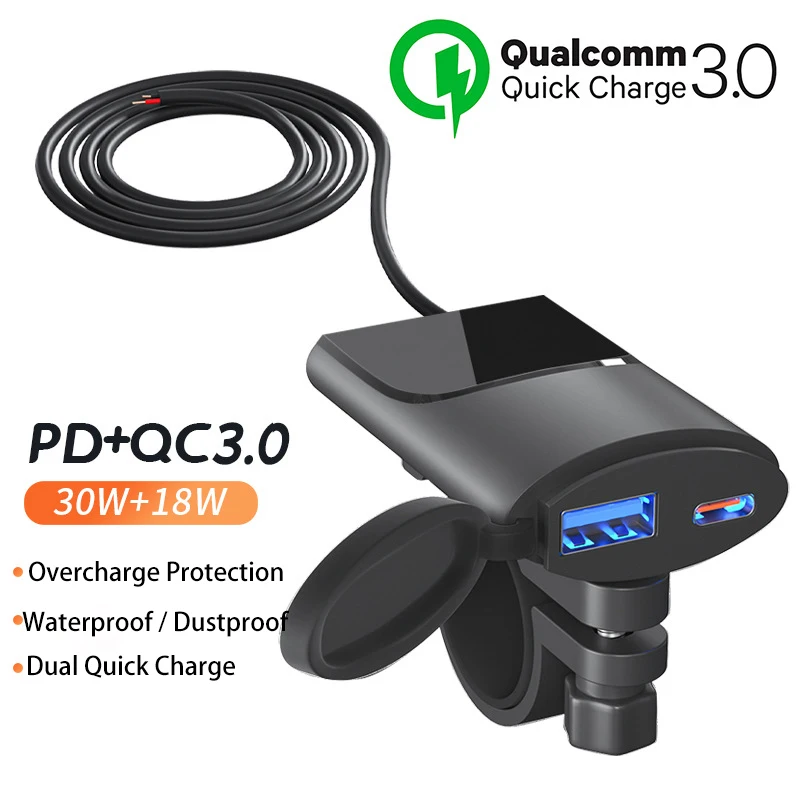 Motorcycle Phone Charger Quick Charging 3.0 PD+USB  Ultra-Thin Rearview Mirror Expansion Bracket