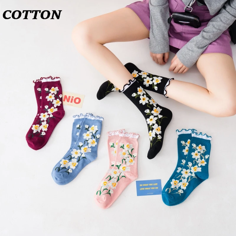 

Mid-tube Socks Personality Comfortable Cotton Socks Autumn Winter Women's Socks Floral Lace Vintage Mori Small Floral Jacquard