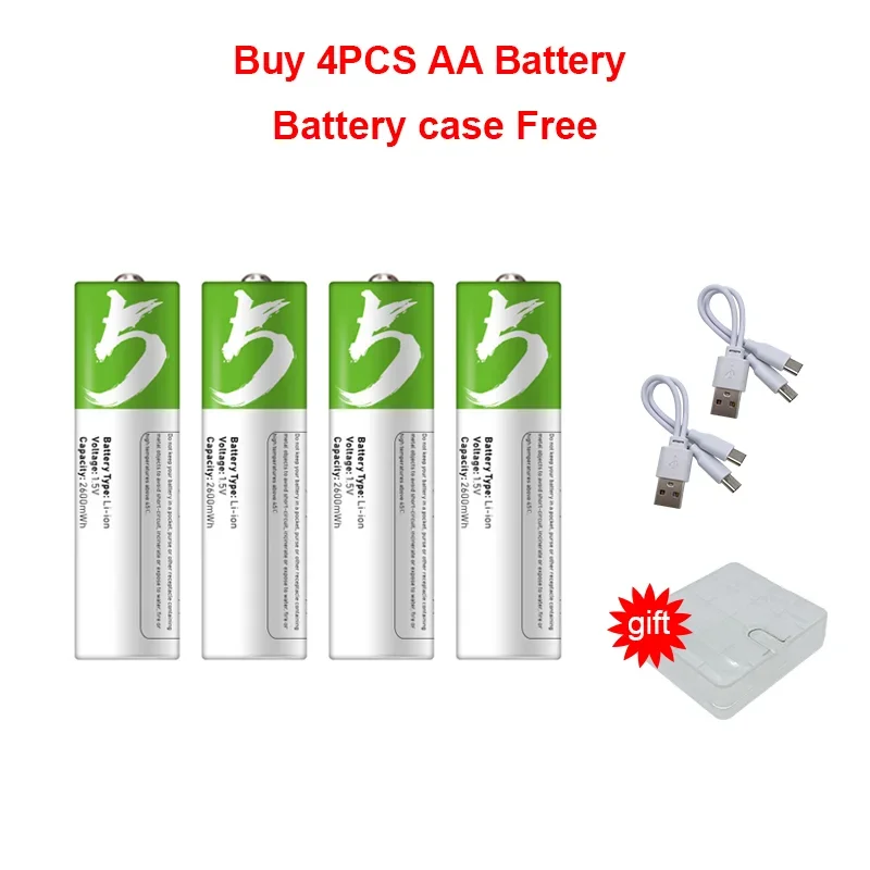 Original USB AA Rechargeable Batteries 1.5V 2600 mWh li-ion battery for remote control mouseElectric toy battery + Type-C Cable