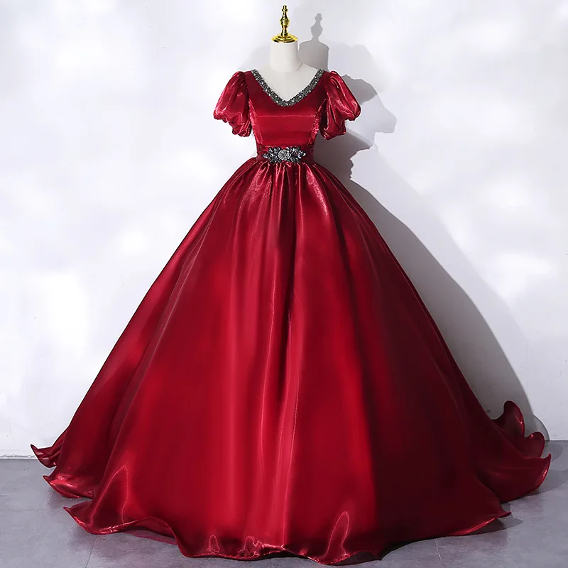 

Burgundy Ball Gown Women Evening Dresses Crystal Puff Sleeves Prom Birthday Party Gowns Formal Occasion robes de soirée