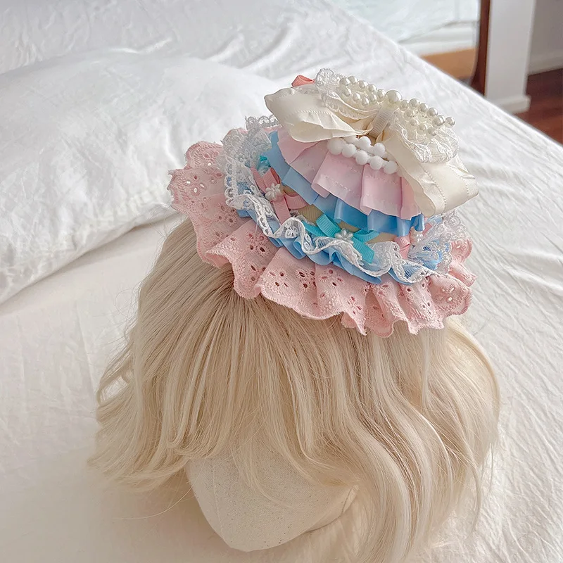 

Cream Cake Lolita Original Handmade Top Hat Pearl Lace Bow French Birthday Hat Female