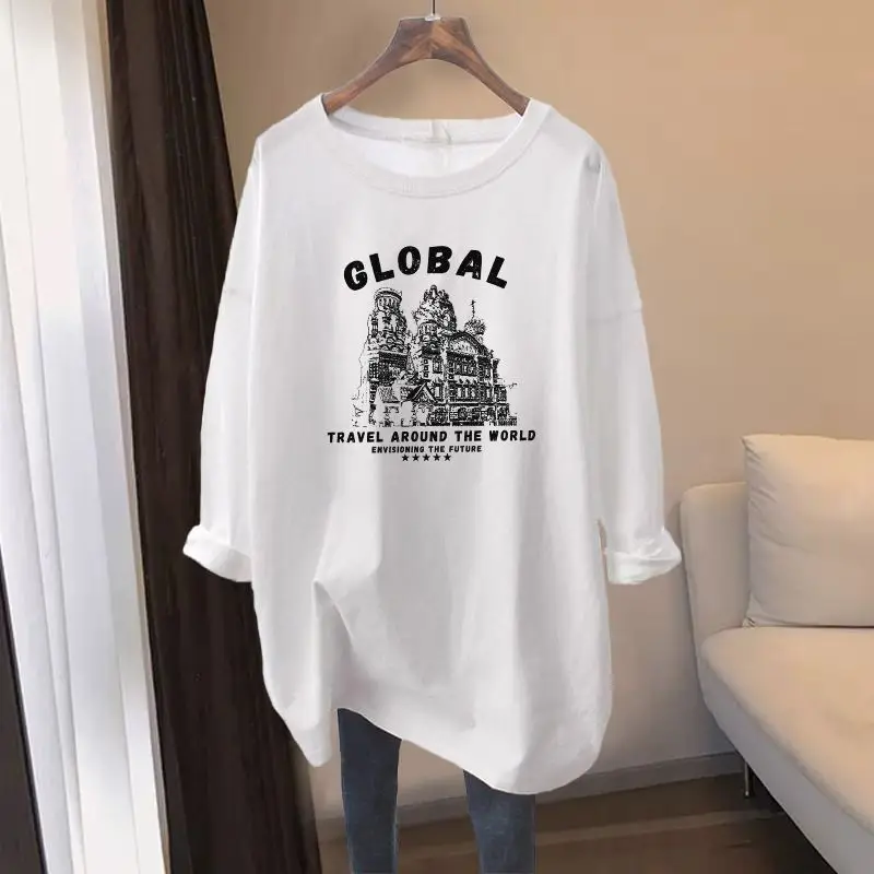 Women Clothing Casual All-match Chic Printing T-shirt Autumn Pure Cotton Loose O-neck Long Sleeve Pullover Office Lady Chic Tops