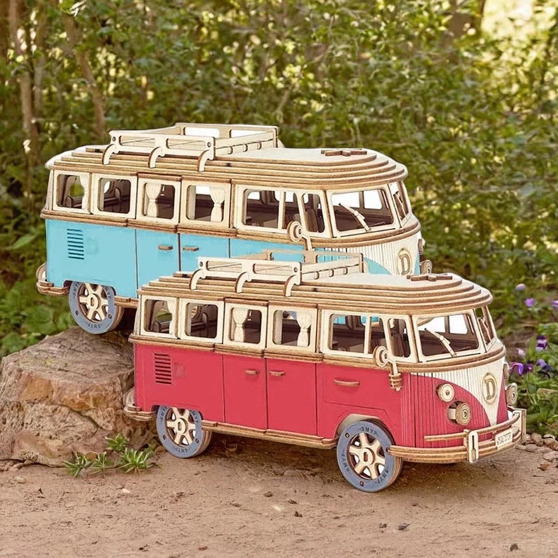 Modèle de camping-car en bois 3D pour enfants, assemblage de voiture rétro bricolage, bureau éducatif, décoration, artisanat, jouets de nuits de construction, 226 pièces