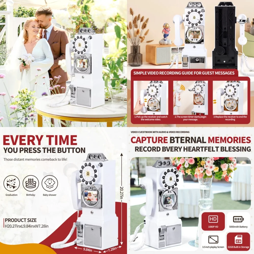 

White Black Red 1080P Video Audio Guestbook for Antique Payphone Vintage Wedding Birthday Party Phone Guest Book Decor