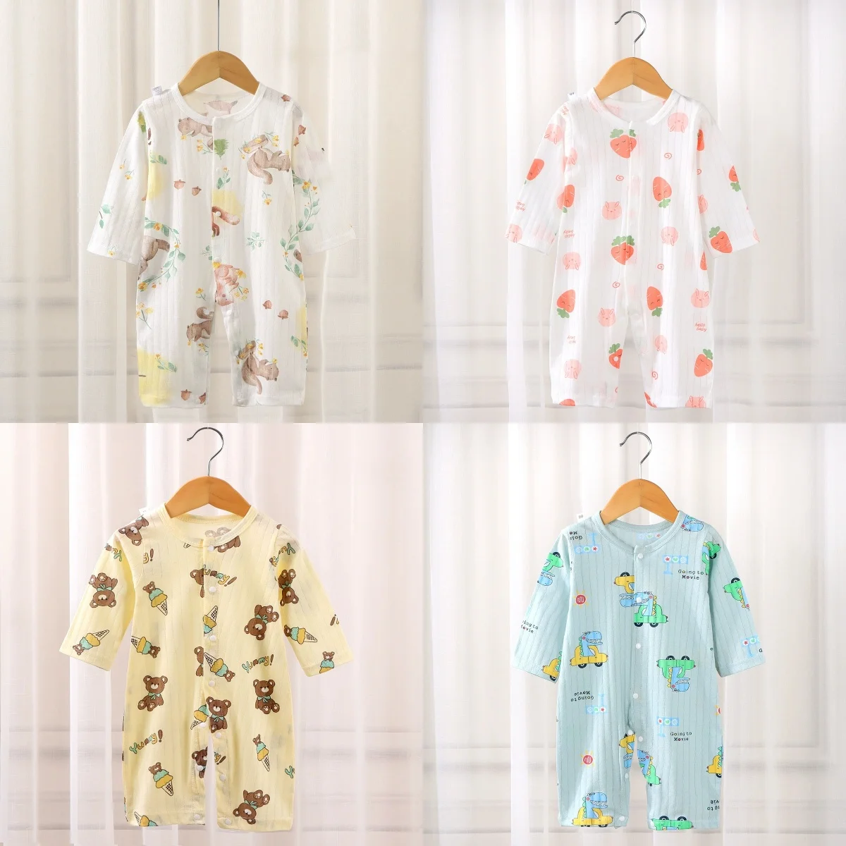 

Baby Cartoon Romper Long Sleeve Buttoned Onesie Newborn Infant Jumpsuit with Bear/Strawberry/Dinosaur Patterns for Boys Girls