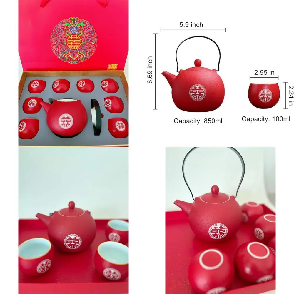 

Traditional Chinese Wedding Tea Set - Ceramic Double Happiness Tea Ceremony with Teapot and 8 Cups, Perfect Gift for Chinese The