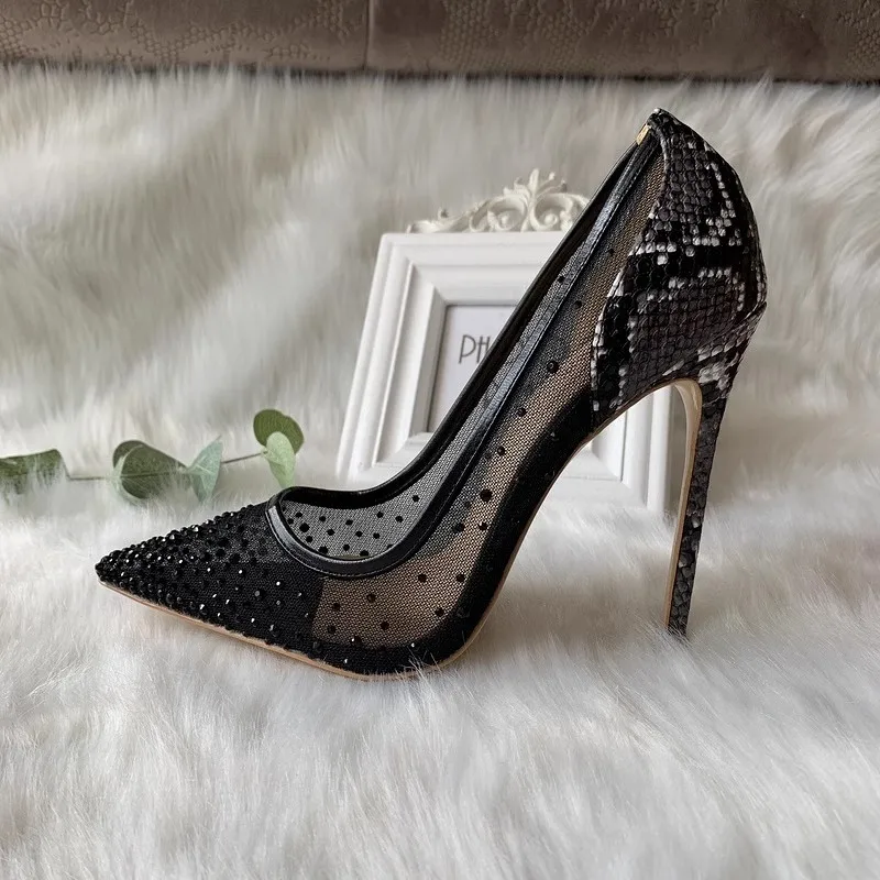 Summer pointed shallow mesh rhinestone sequins thin belt single shoes thin high-heeled dress large size small size women sandals