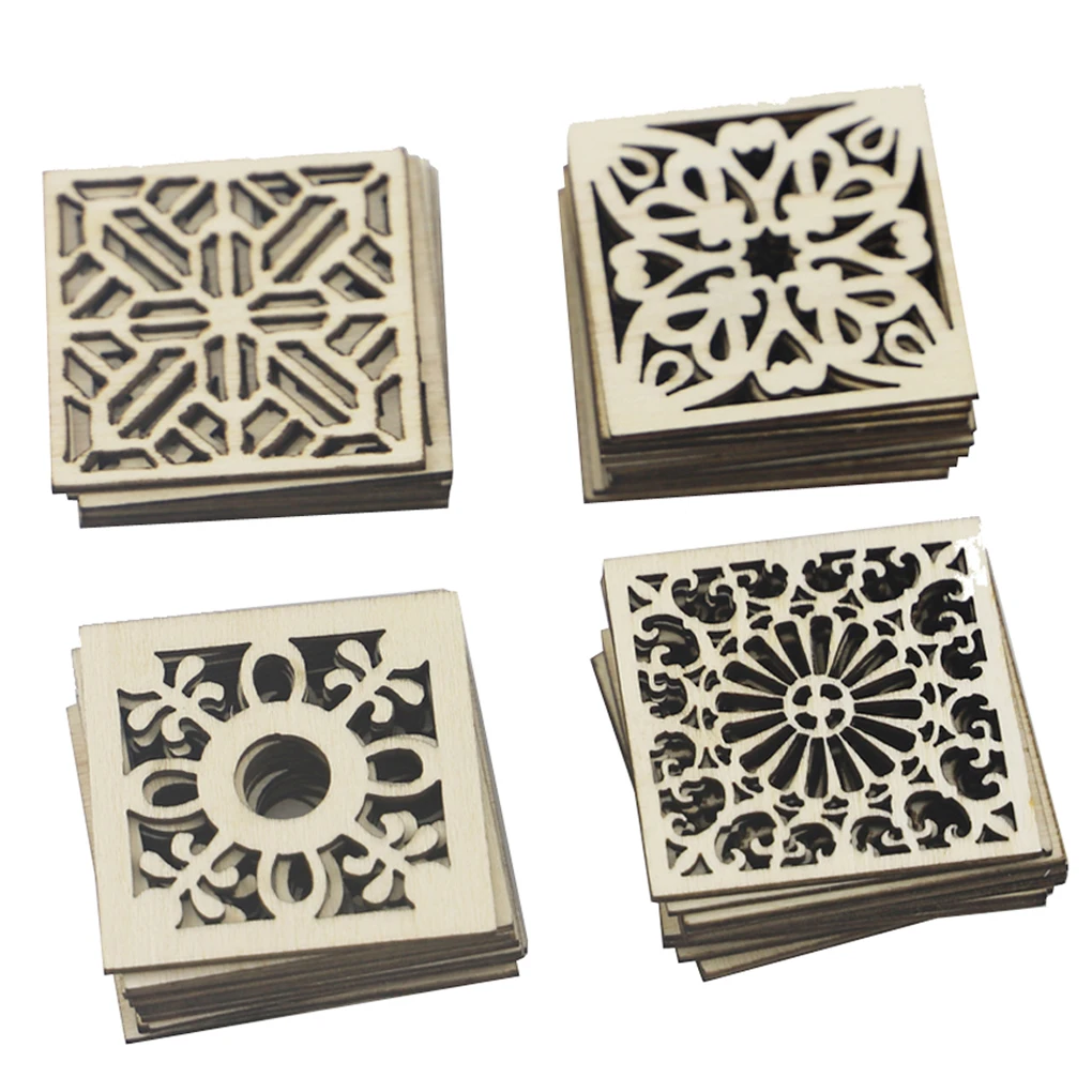 Pack of 60 Chinese Style Classic Frame Wood Pattern Hollow Design Scrapbooking Craft Modeling Manual Wooden Ornament