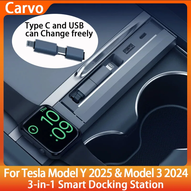 For Tesla Model 3/Y 2025 2026 27W USB Hub with Retractable Cable – 3-in-1 Docking Station Supports Apple Watch Wireless Charging