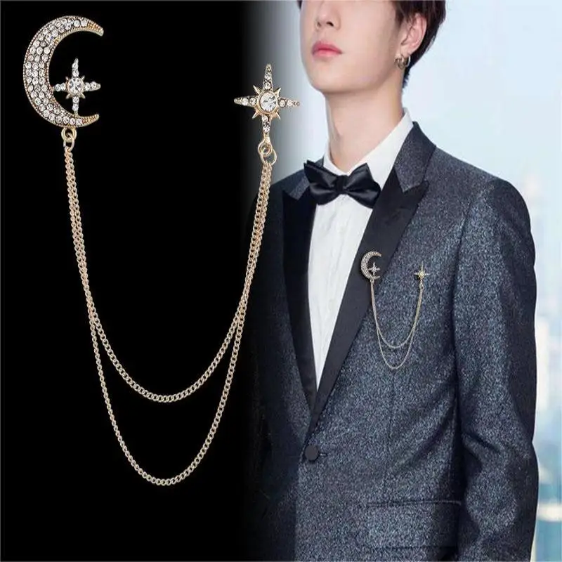 Fashion Gentleman Tassel Brooch For Men Suit Shirt Collar Crystal Cross Chain Lapel Pin Rhinestone Retro Wedding Accessories