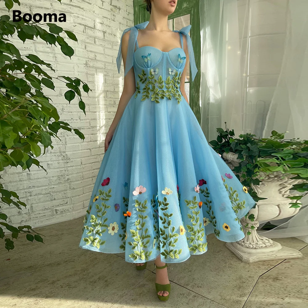 

Booma Fairy Blue Sweetheart Mesh Net Tulle Midi Prom Dresses Bow Straps Appliqued Leaves Flowers A-Line Wedding Party Dresses