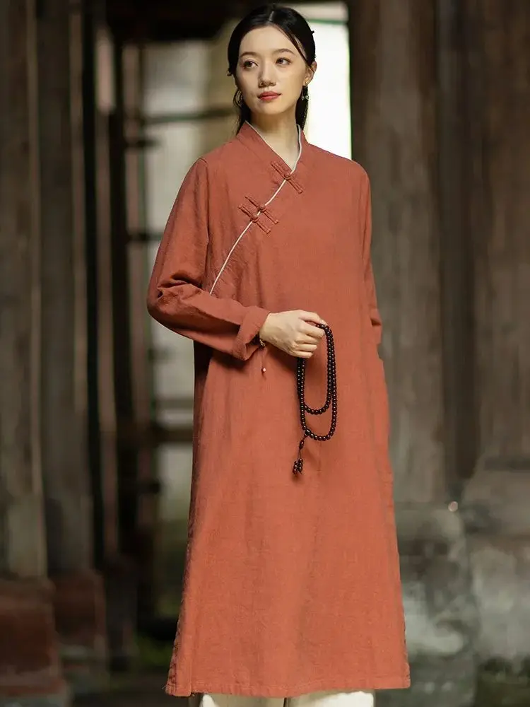 

Chinese Style Long-Sleeved Dress Women Autumn Winter Ramie Vintage Off-Shoulder Stand Collar Modified Cheongsam Soft Knots