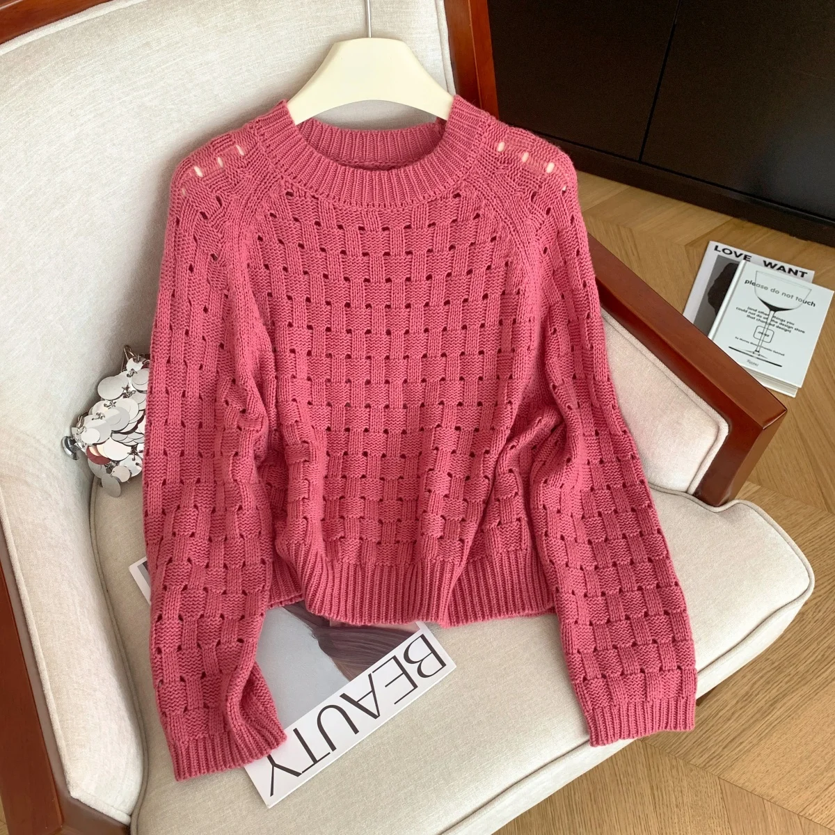 

Women's Rose Red Pullover Korean Sweater Vintage 2000s Y2k Jumper Knitwear Long Sleeves O-Neck Hollow Sweater Spring Autumn 2025
