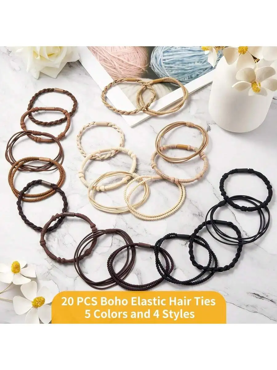 

20pcs Boho Elastic Hair Ties Women Multifunctional Hair Bands 5 Colors 4 Styles