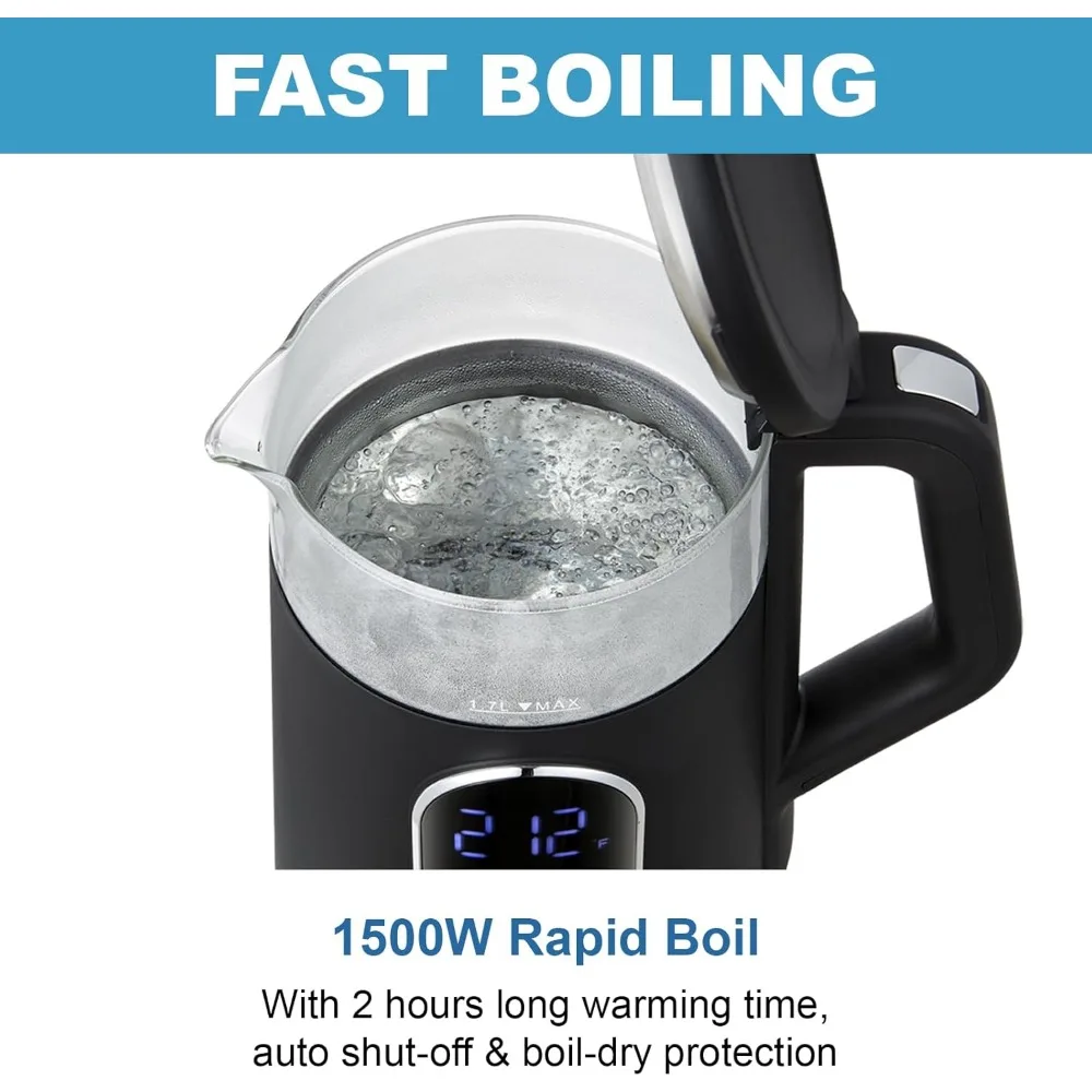 Chaleira elétrica, chaleira de água de vidro de ebulição rápida de 1500 W com controle de temperatura, base de aço inoxidável sem fio de 1,7 L, manter aquecido
