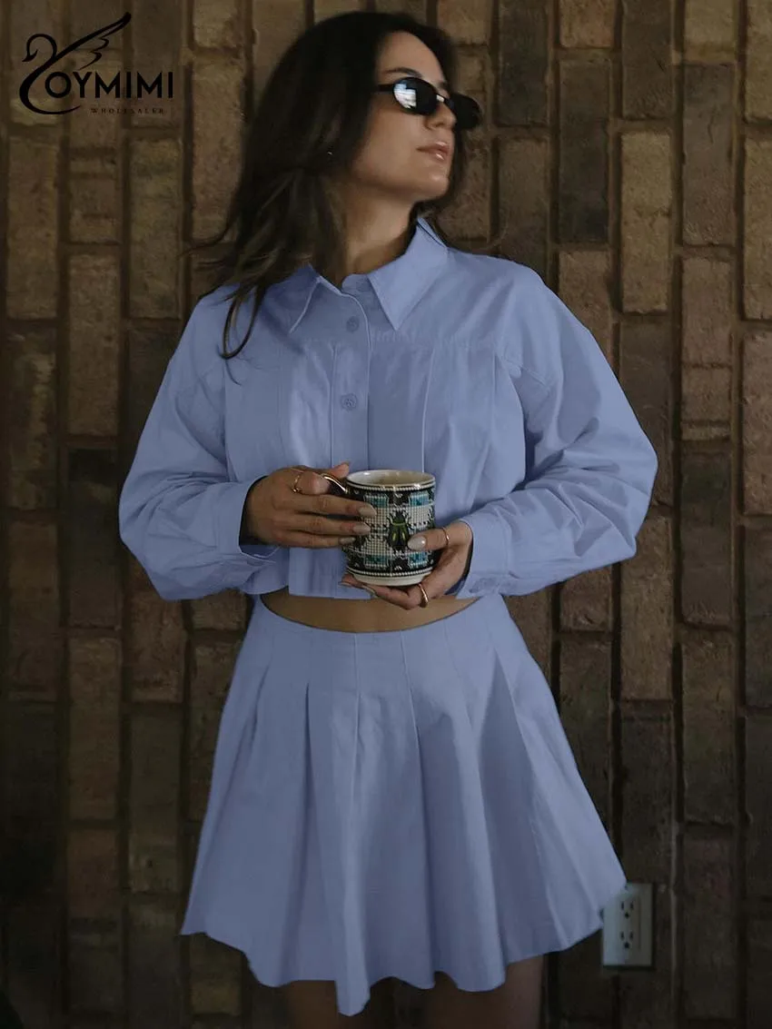 

Oymimi Elegant Blue Cotton Women's Two Pieces Set Fashion Long Sleeve Single Breasted Crop Shirts And Pleated Miin Skirts Sets