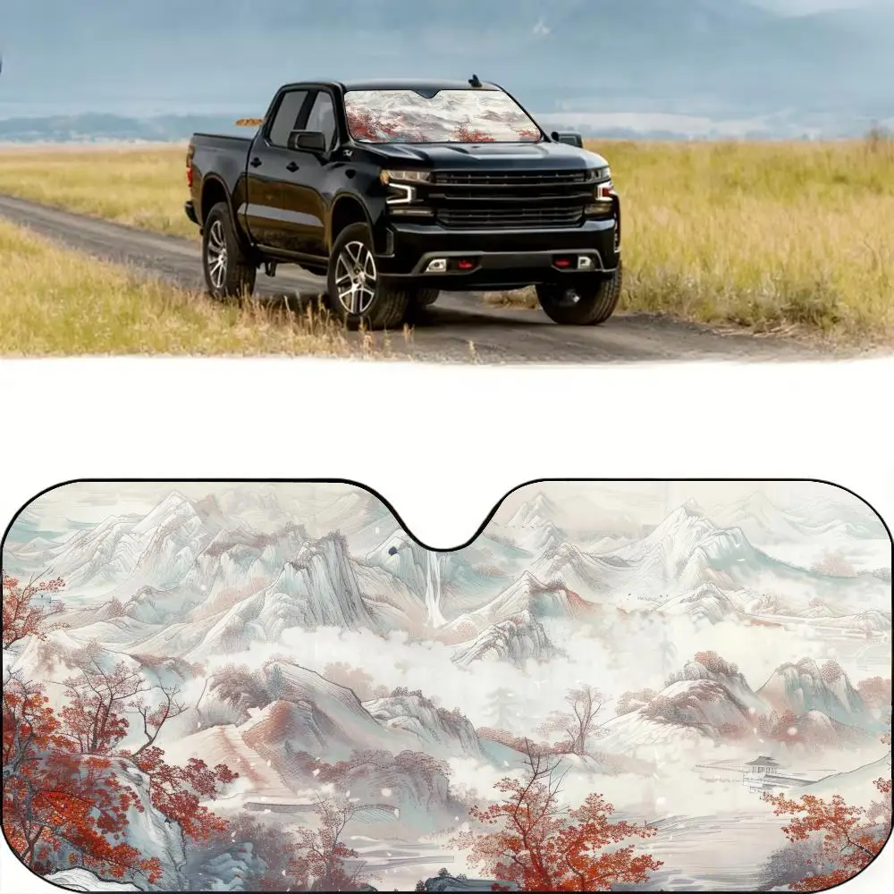 

Chinese Landscape Painting Sun Visor Reusable Aluminum Foil UV Protector Heat Three-layer Insulation Windshield Sunshades