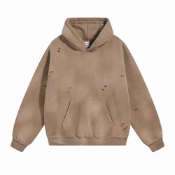 2024 Autumn Winter New in Hoodies Sweatshirts Oversize Monkey Wash Distressed Vintage Hoodie Cotton Cut Hole Plush Hoodie Men