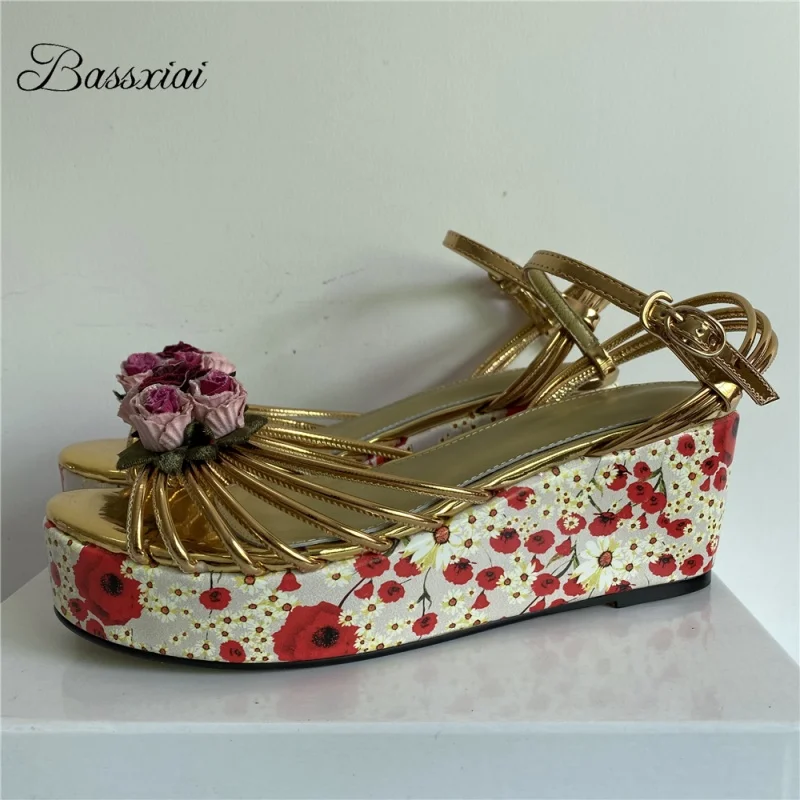 

Handmade Flower Decor Narrow Band Sandals Women Print Floral High Platform Wedges Ankle Strap Summer Shoes