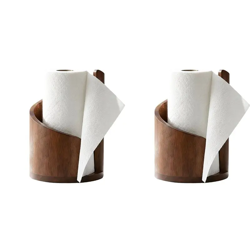 ABUN-2X Mountain Paper Towel Holder Countertop, Natural Wood Round Base & Iron Stand For Kitchen Roll, Size:15X10cm