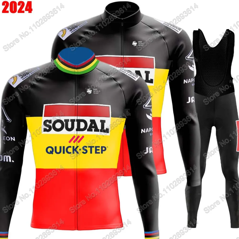 

Soudal Quick Step Team 2023 World Champion Cycling Jersey Set Mens Long Sleeve Belgium Clothing MTB Road Bike Pants Bib Maillot