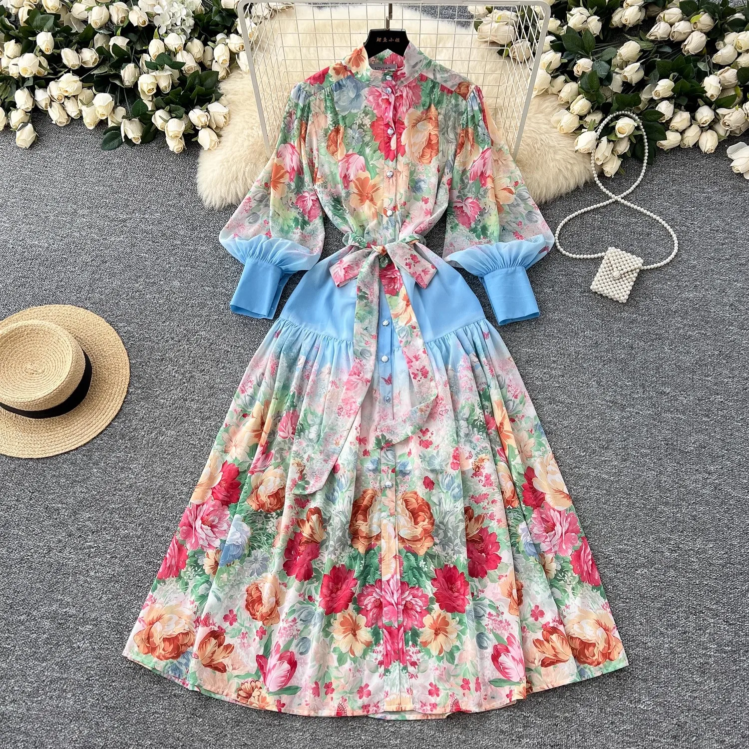 

Spring Summer Holiday Floral Maxi Chiffon Dress Women Stand Flower Print Single Breasted Lantern Long Sleeve Maxi Robe Vestidos