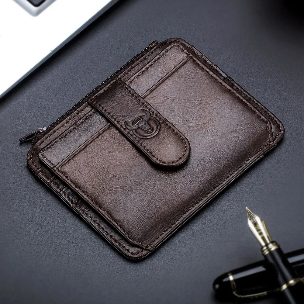 BULLCAPTAIN Genuine Leather RFID Blocking Zipper Card Holder Credit Cart Wallet Mini Slim Wallet Card & Id Holders Man Business