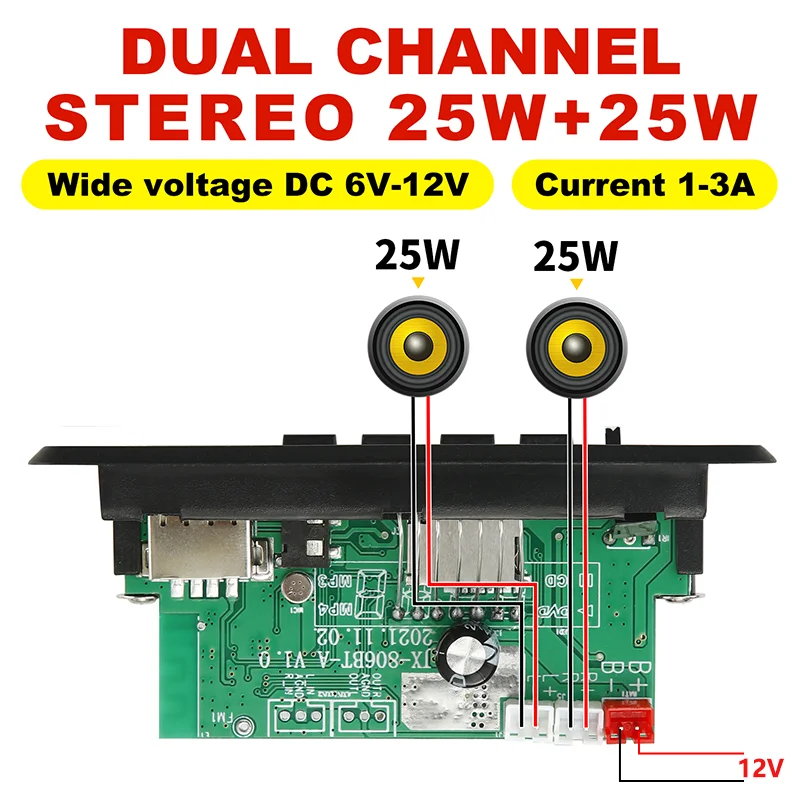 50W Amplifier 12V MP3 Decoder Board 25W 5V 18V Bluetooth 5.0 USB TF FM Radio Module For Speaker With Handsfree Voice Record