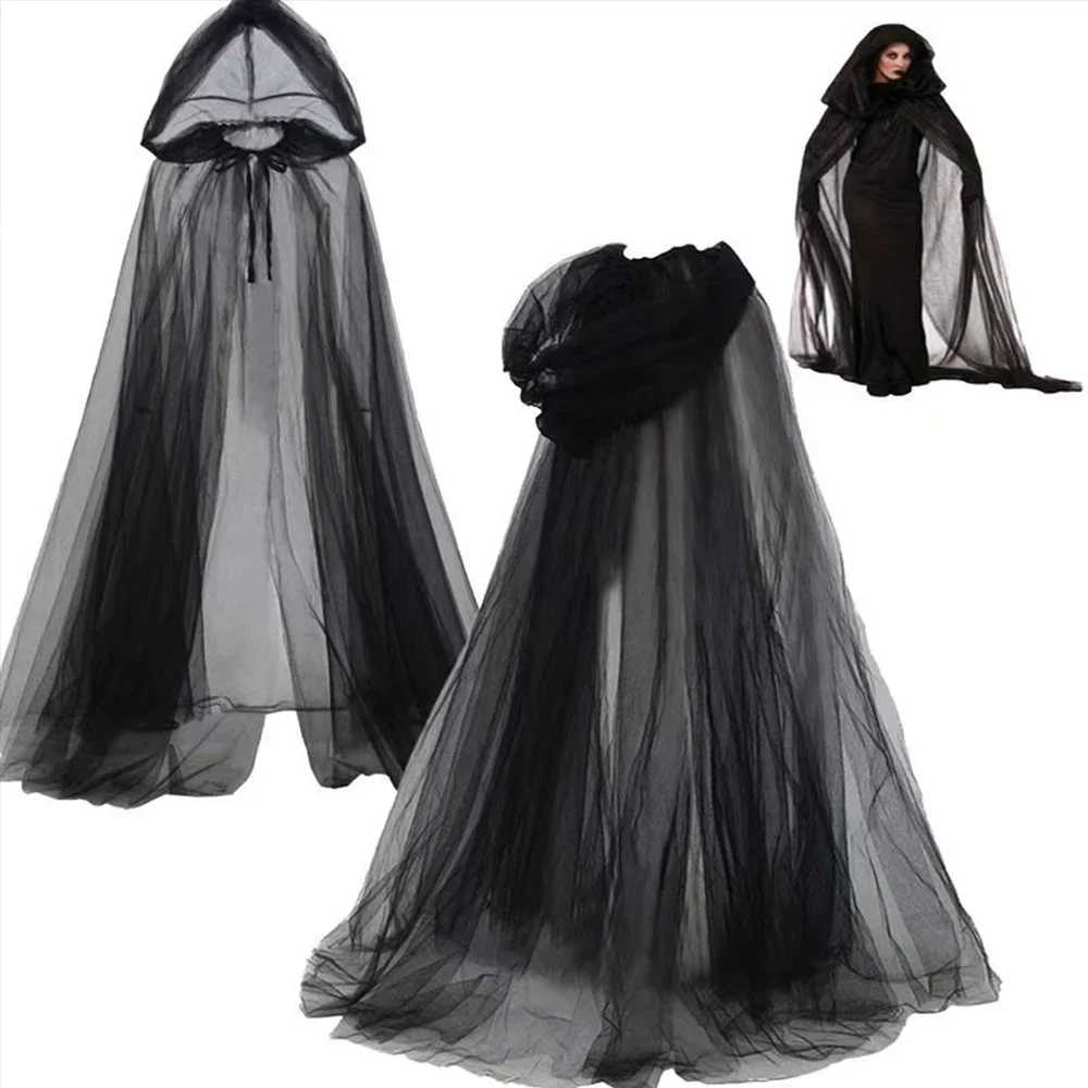 

Halloween Witch Cloak for Women Black White Purple Horror Hood Tulle Cape Cloak Wedding Bridals Floor Length Soft Mesh Cloaks
