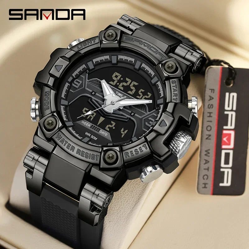 SANDA Top Brand Men Dual Display Quartz Watches Multifunctional LED Digital Electron Men Clock Luminous Waterproof 2024Shock New