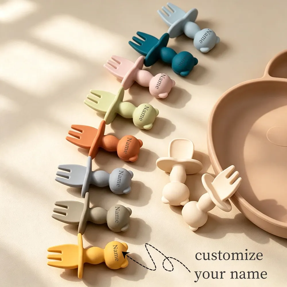 Custom Name Short Handle Silicone Baby Spoon & Fork Set | Toddler Self-Feeding Utensils Panda Shaped