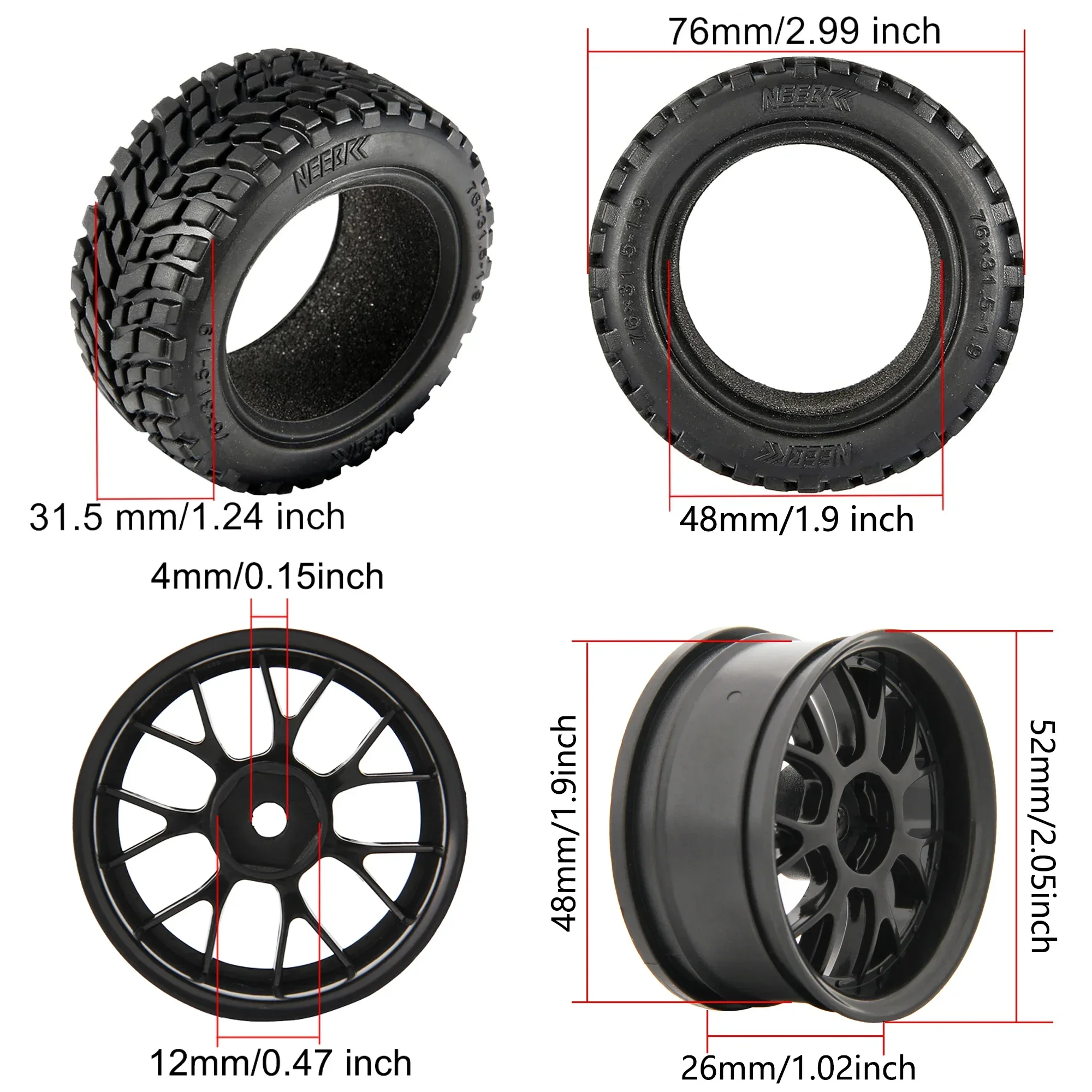 4PCS NEEBRC 75mm 1.9in Rubber Tire 12mm Hex Rim Durable Wheels Tyre for 1/10 1/14 1/16 RC Car Wltoys 144001 Juguetes Hot Wheels