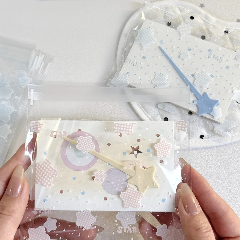 50sheet Pink Blue Star Self-Adhesive Clear Bags Transparent Poly Pouches for Journaling Supplies Small Gift Wrapping Storage