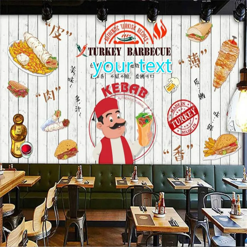 Custom Size Turkey Barbecue Grill White Wooden Board Background Wall Paper 3D Fast Food Restaurant Kebab Bar Mural Wallpaper 3D