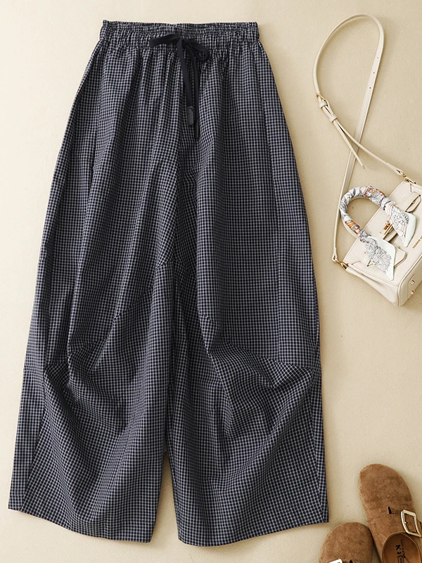 

Comfortable Wide Leg Casual Pants Women's Vintage Small Check Loose Fit Lazy Style Fashionable Straight Cut High Waist Cotton