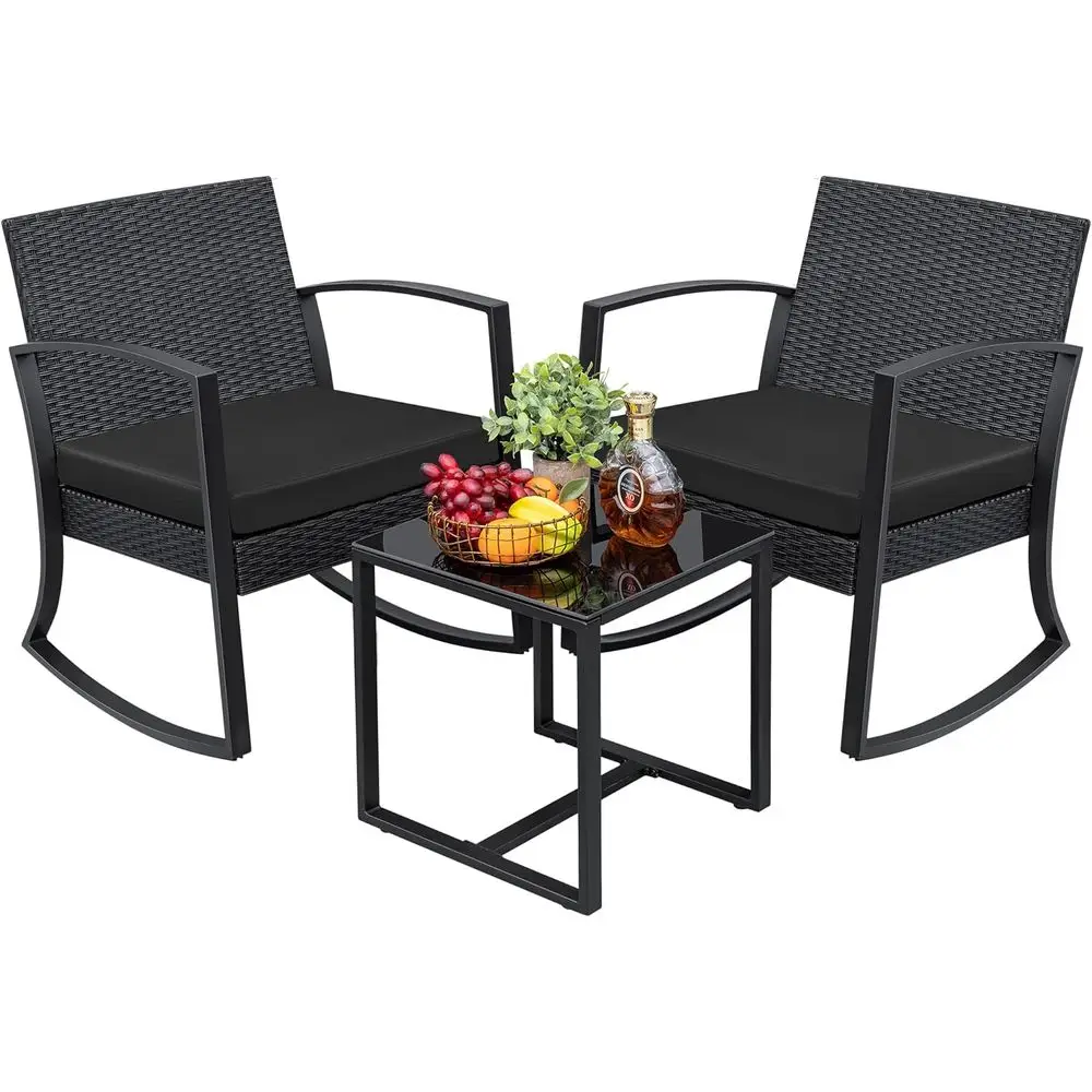 

3-Piece Outdoor Patio Bistro Set with Rocking Chairs and Glass Coffee Table for Backyard, Deck, or Balcony