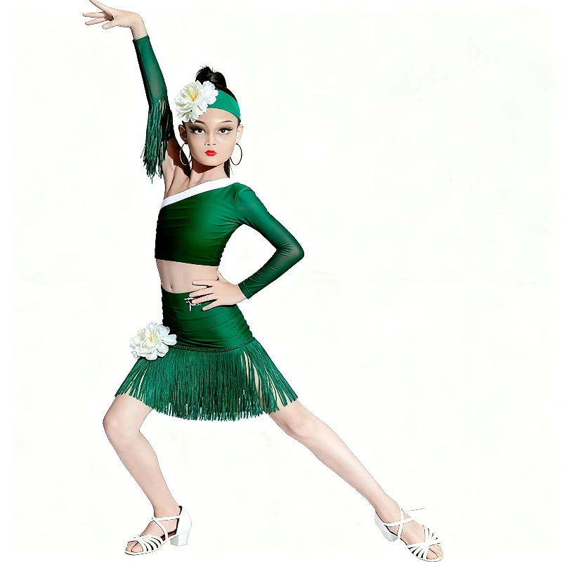 라틴 댄스 드레스 소녀 훈련 드레스 여름 새로운 전문 경쟁 드레스 댄스 드레스 공연 드레스 세트
