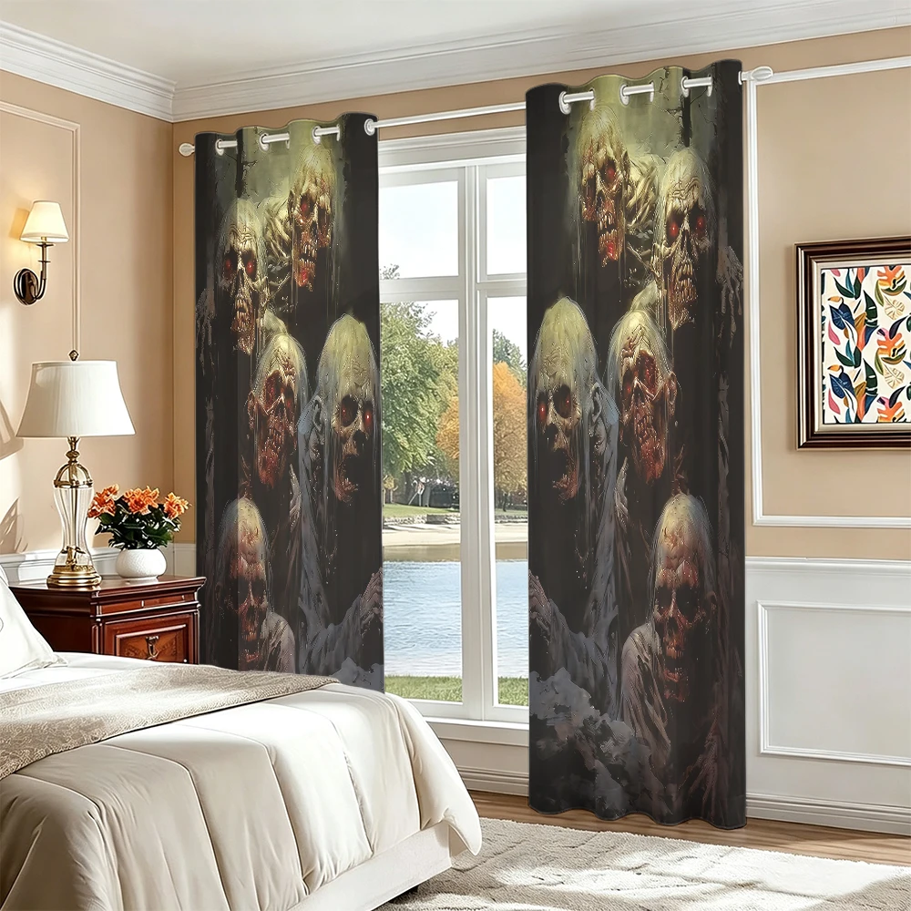 2Pcs Perforated Blackout Curtain Light Block Privacy Drape Living Bedroom Halloween Stacked Zombie Head Horror Window Decor