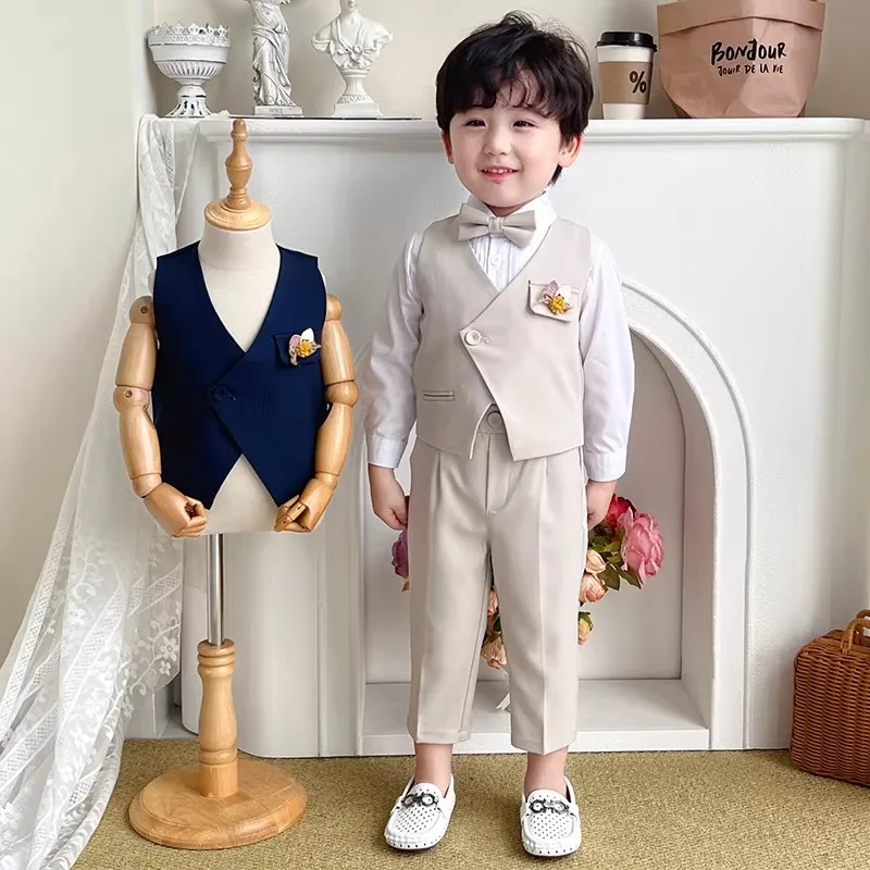 Little Boys Summer Vest Pants Bowtie Brooch Photography Suit Kids First Birthday Host Show Dress Children Performance Custome