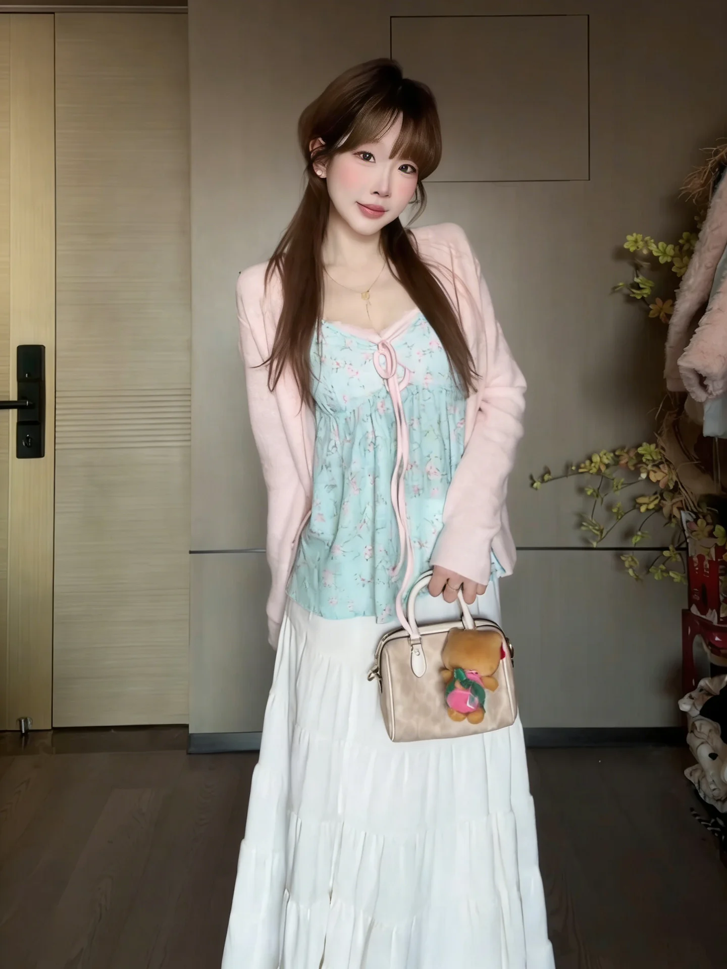 

Spring Floral Print Sweet Gentle Women's Two-Piece Set Strap Dresses High Waist Knitted Fabric Breathable Medium Thickness