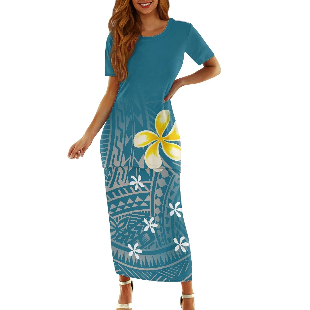 

Summer Islander Puletasi Samoa Lady O-neck Short Sleeve Women Polynesian Tribal Clothing Hawaiian Print Two Piece Dress Set