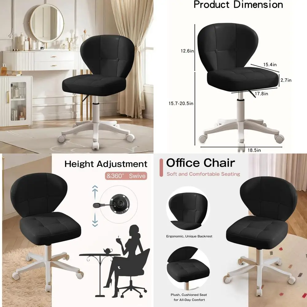 

Ergonomic PU Leather Swivel Chair with Lumbar Support, Adjustable Height, Compact Desk Chair for Home Office, Bedroom, Study - B