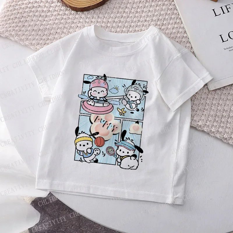 Camiseta de Pochaccos con estampado Kawaii para niños, ropa informal de dibujos animados, manga corta, Y2K, Tops para niños y niñas, novedad