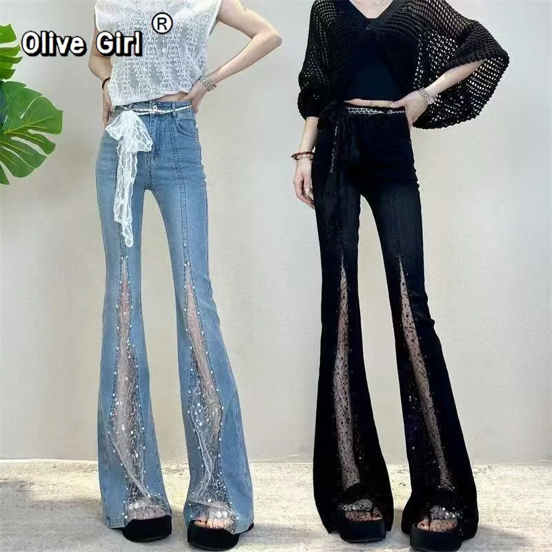 Olivegirl Denim Jeans Blue Lace Patchwork Micro Flared Jeans Women Trousers Summer Rhinestones Slim High Waisted Flared Pants