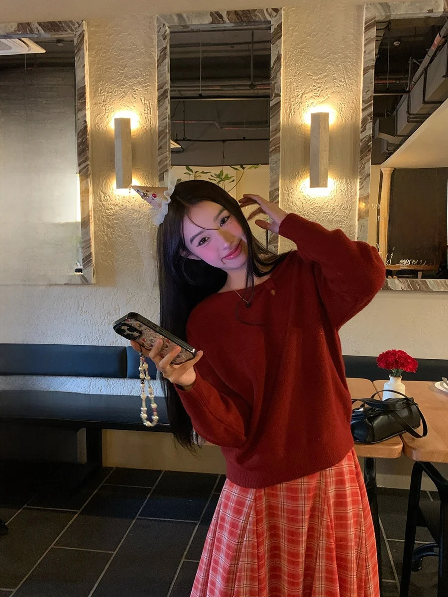 

Sinbounboun Vintage Sle Knitted Sweater Knot Asymmetrical Collar Light French Sle Women's Loose Fit Long Sve