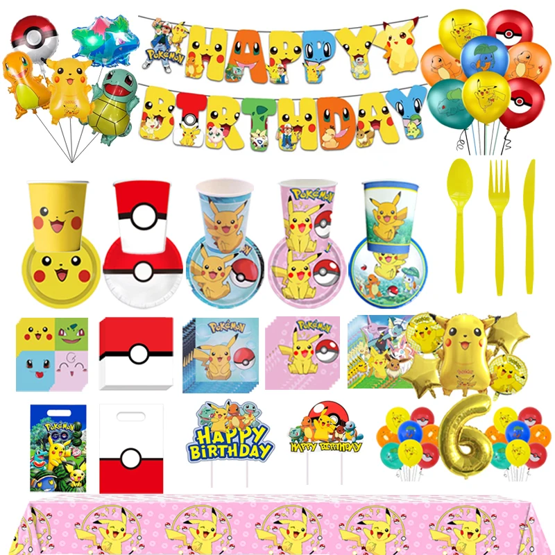 

Pokemon Birthday Party Decorations Tablecloth Tableware Cups Plates Paper Napkins Backdrop Pikachu Banner Balloons Kids Gifts