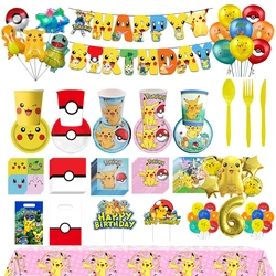 Pokemon Birthday Party Decorations Tablecloth Tableware Cups Plates Paper Napkins Backdrop Pikachu Banner Balloons Kids Gifts