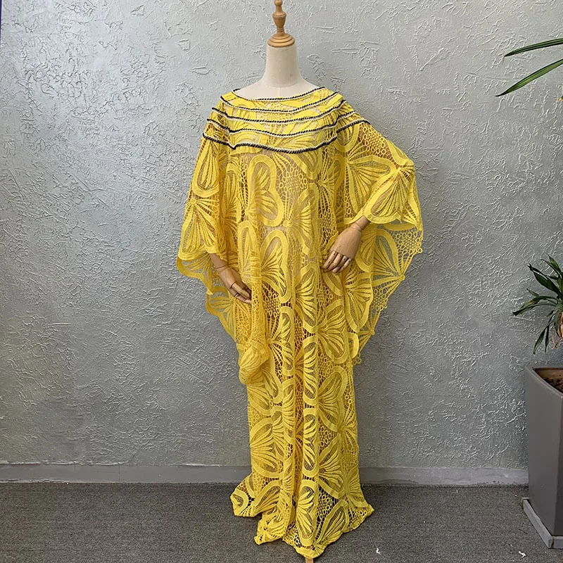 

African Lace Maxi Dress Women Robes 3/4 Sleeve Loose Boubou Fashion Solid Hollow Out Streetwear African Traditional Dresses Gown