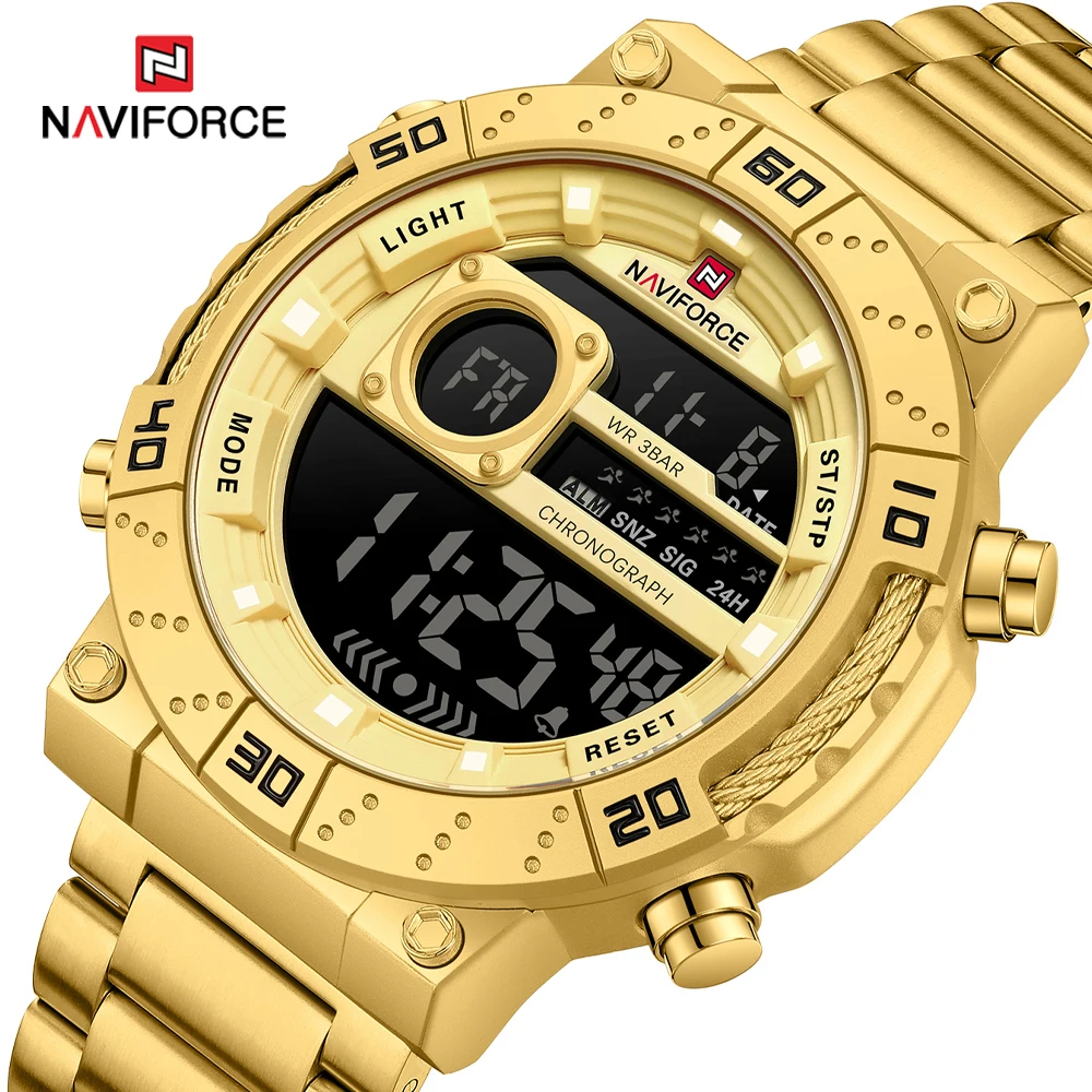 

NAVIFORCE Luxury Golden Digital Man Watch LED Display Stainless Steel Wristwatch Men Waterproof Chronograph Relogio Masculino